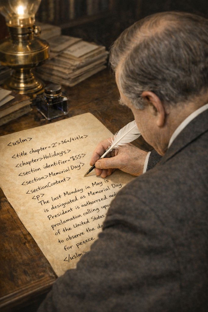 Grover Cleveland converting the U.S.C. to machine-readable xml markup by hand, 1886